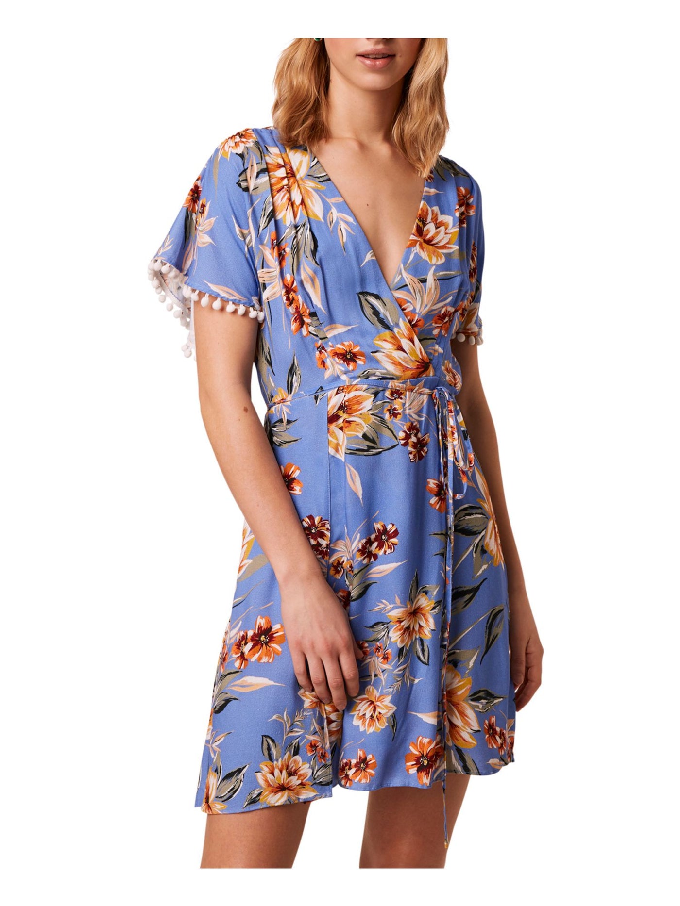 FRENCH CONNECTION Womens Blue Embellished Sleeves Floral Short Sleeve V Neck Short Fit + Flare Dress 4