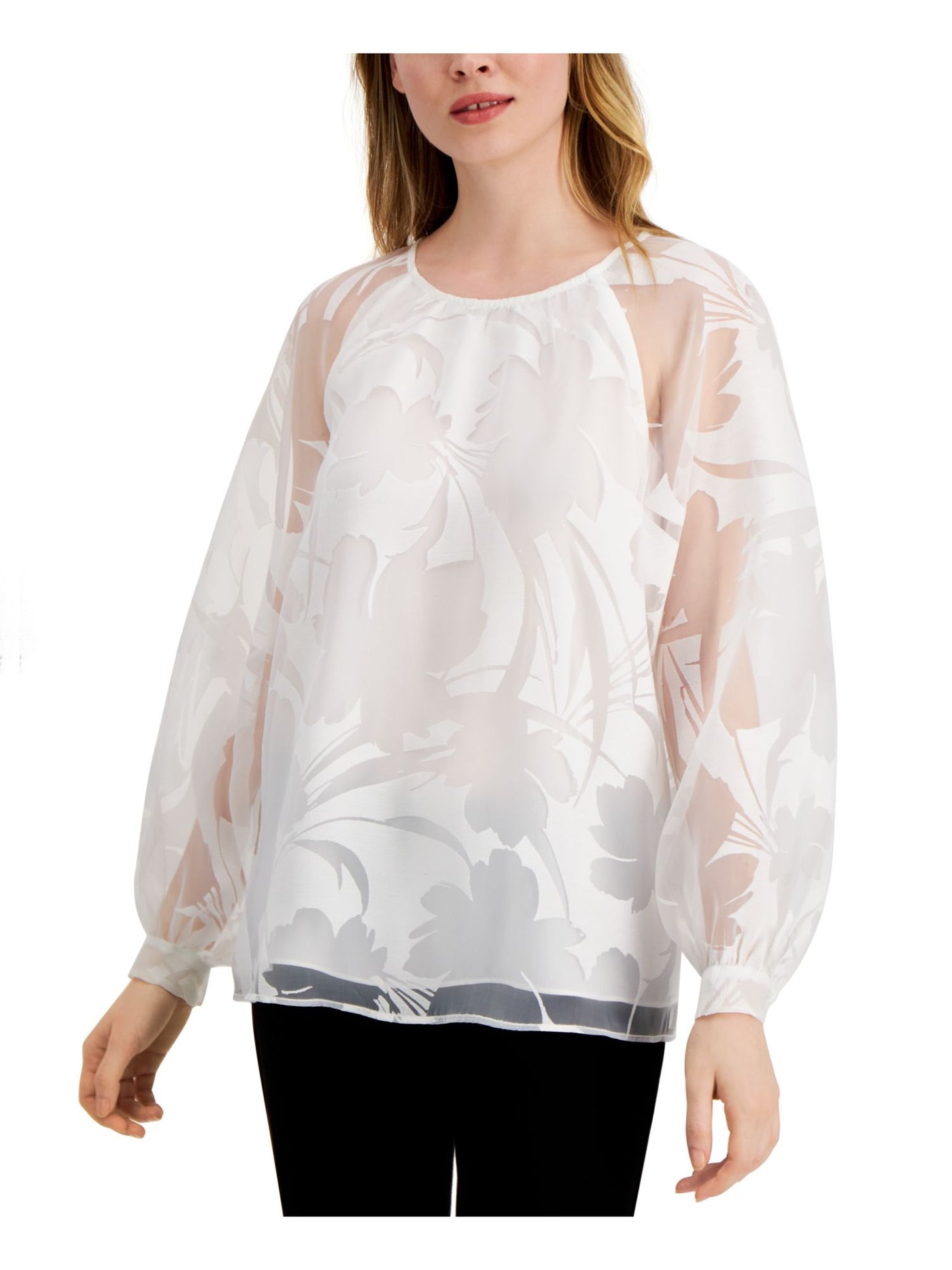 ALFANI Womens White Sheer Long Sleeve Jewel Neck Top XS