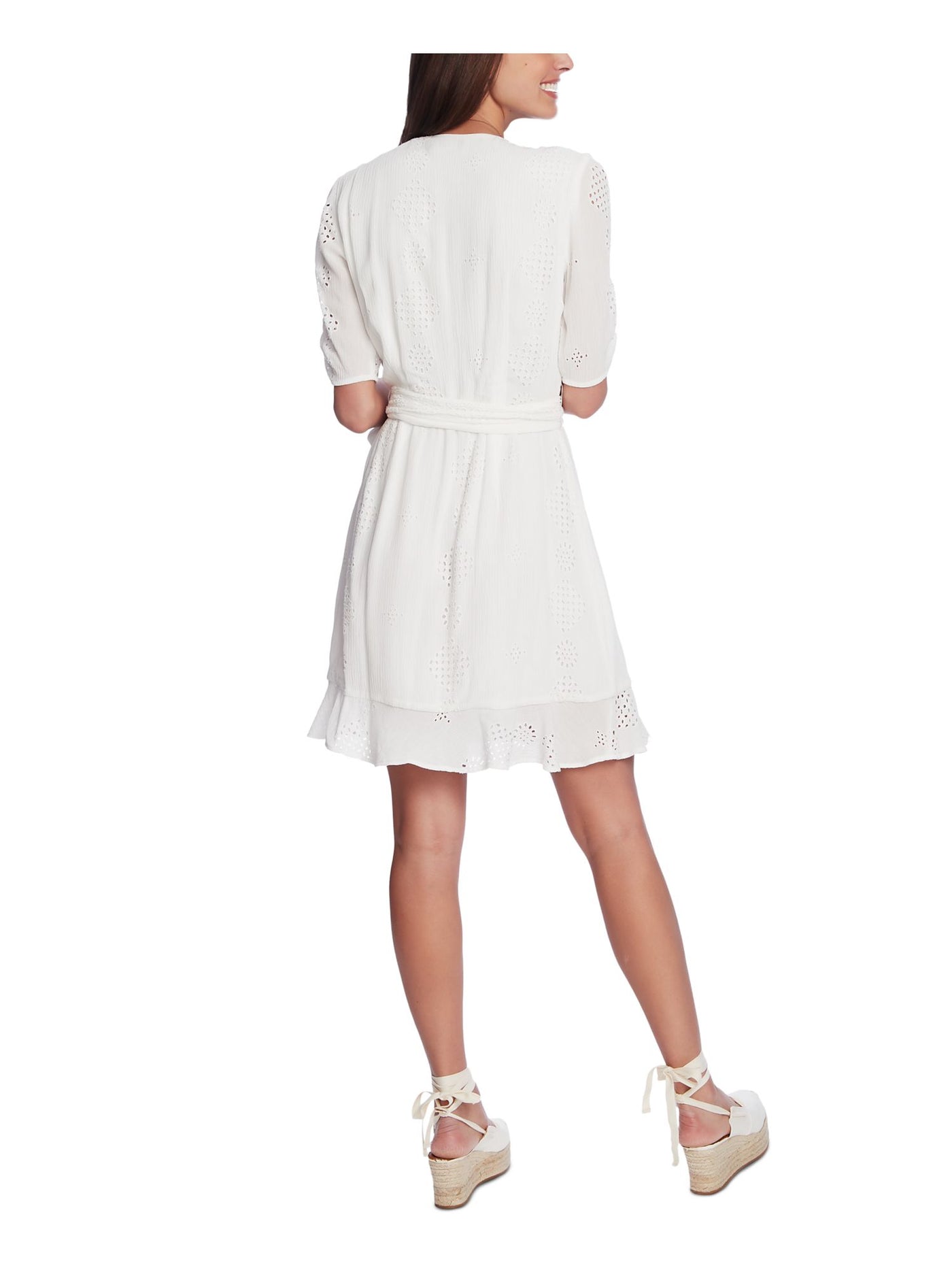 1. STATE Womens Ivory Eyelet V Neck Above The Knee Faux Wrap Dress 8