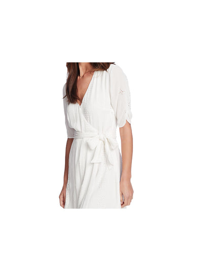 1. STATE Womens White Eyelet V Neck Above The Knee Faux Wrap Dress 14