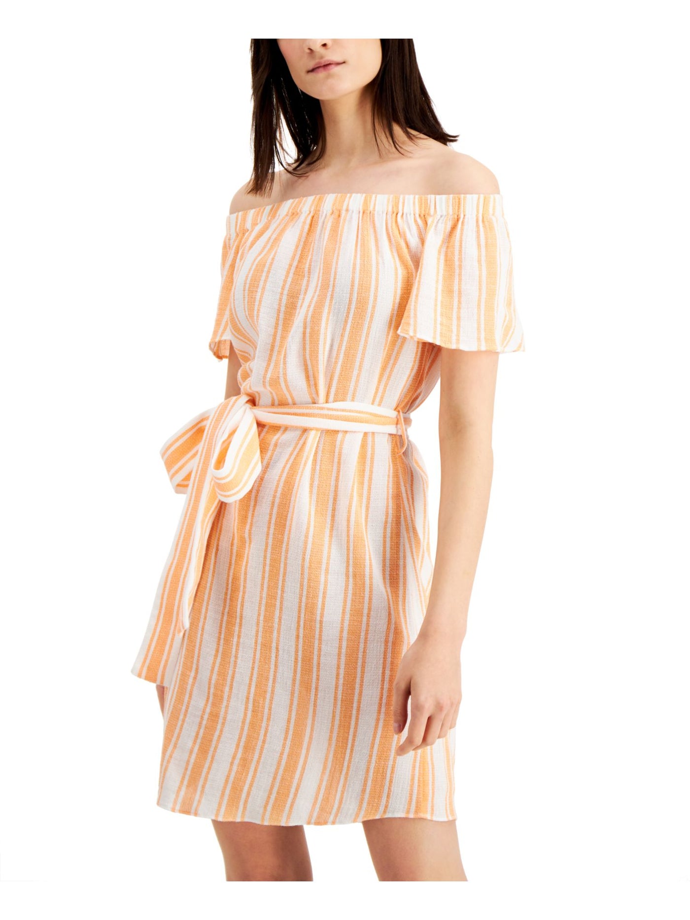 MICHAEL KORS Womens Orange Textured Belted Pullover Lined Striped Flutter Sleeve Off Shoulder Above The Knee Sheath Dress Petites P\M