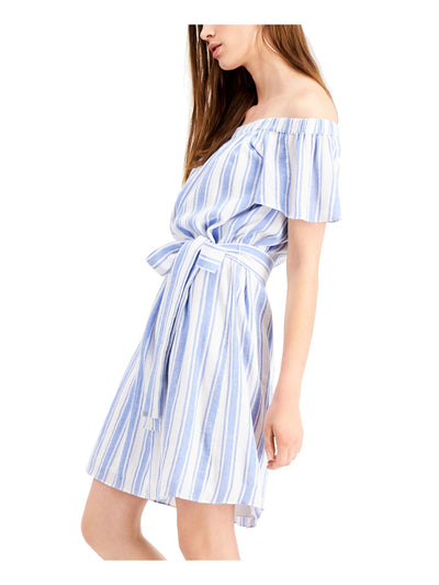 MICHAEL KORS Womens Light Blue Tie Striped Flutter Off Shoulder Short Fit + Flare Dress XL
