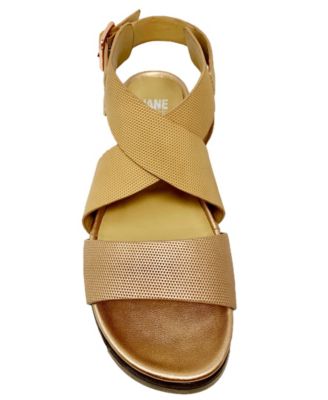 JANE AND THE SHOE Womens Brown Woven Texture Rose Gold Adjustable Strap Crisscross Straps Metallic Padded Harper Round Toe Wedge Buckle Slingback Sandal M
