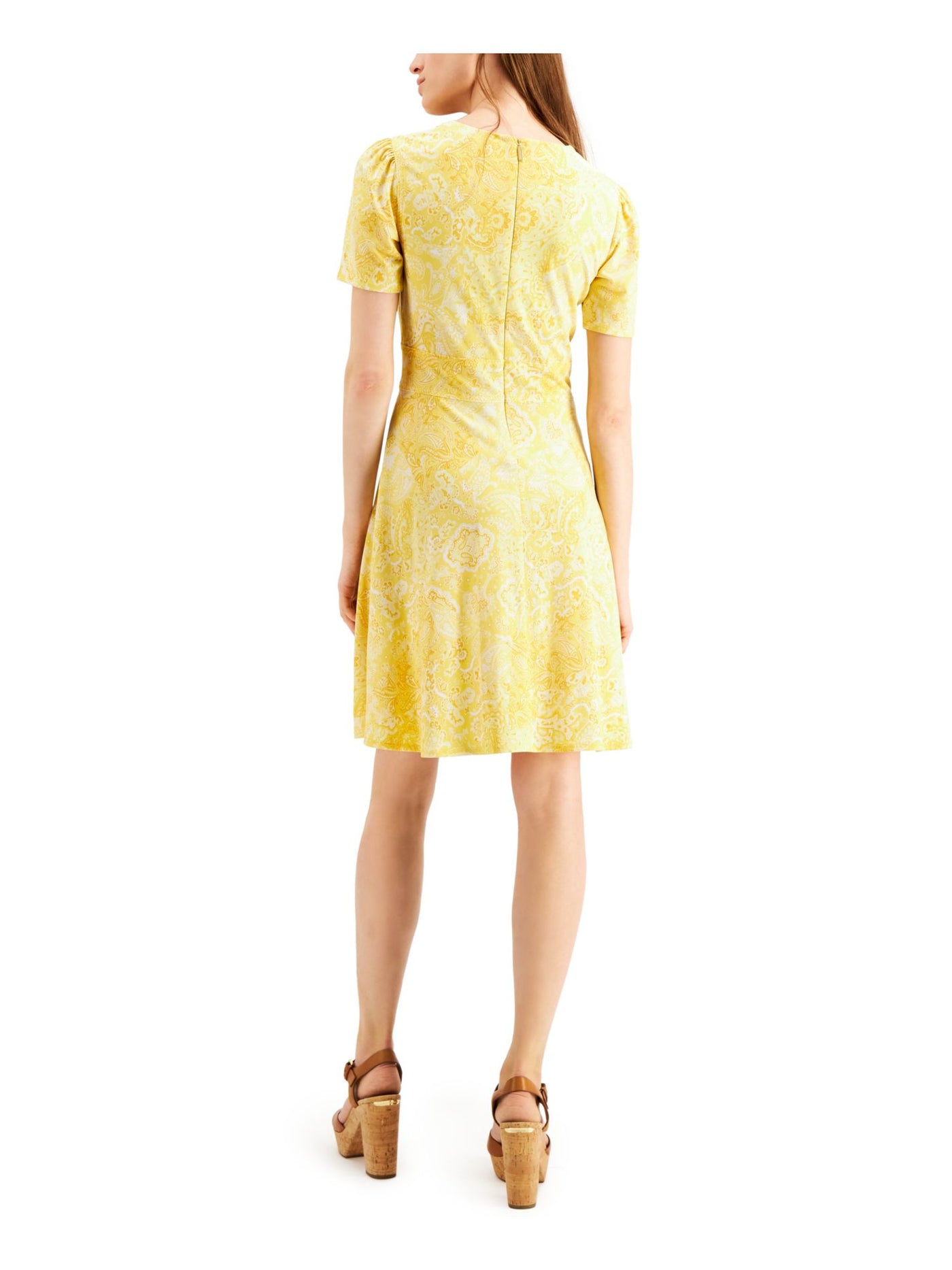MICHAEL MICHAEL KORS Womens Yellow Zippered Gathered Printed Short Sleeve V Neck Short Empire Waist Dress S
