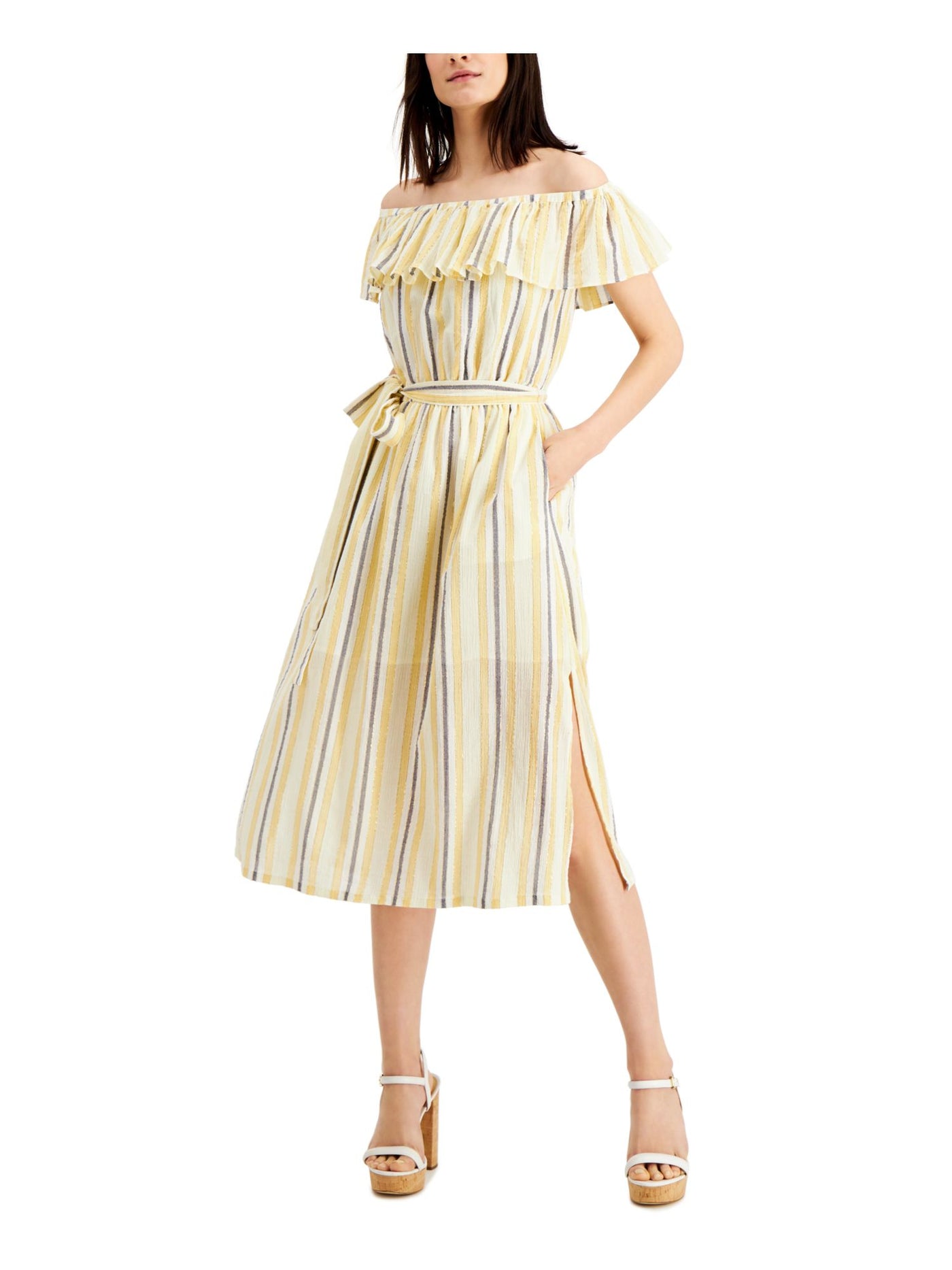 MICHAEL MICHAEL KORS Womens White Ruffled Slitted Tie Lined Striped Short Sleeve Off Shoulder Below The Knee A-Line Dress Petites P