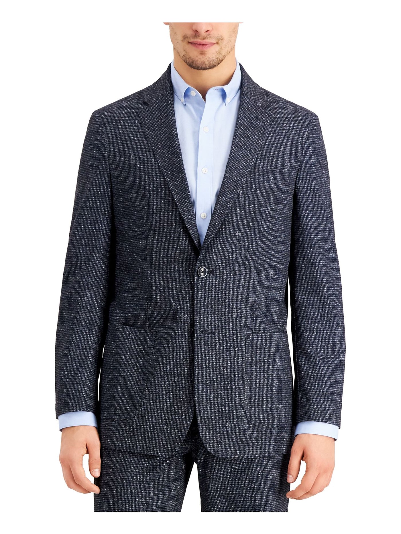 TOMMY HILFIGER Mens Blue Single Breasted, Houndstooth Classic Fit Performance Stretch Suit Separate Blazer Jacket 46L