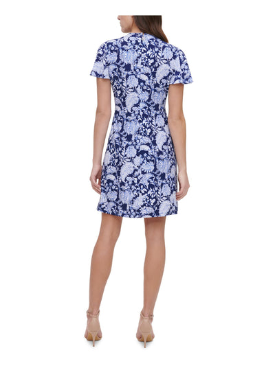 TOMMY HILFIGER Womens Blue Zippered Pleated Floral Short Sleeve Round Neck Above The Knee Evening Fit + Flare Dress 8