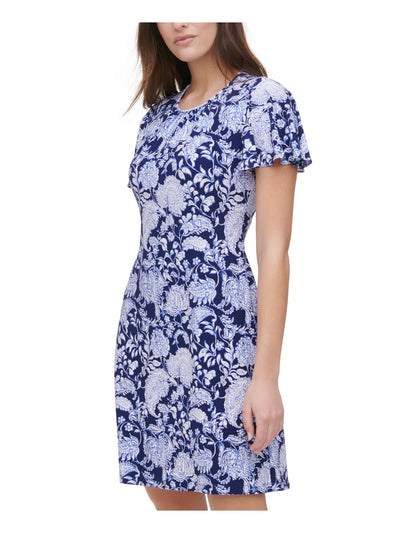 TOMMY HILFIGER Womens Blue Zippered Pleated Floral Short Sleeve Round Neck Above The Knee Evening Fit + Flare Dress 8