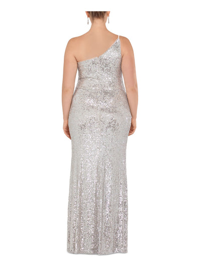 XSCAPE Womens Beige Sequined Slitted Gown Sleeveless Asymmetrical Neckline Full-Length Formal Sheath Dress Plus 18W