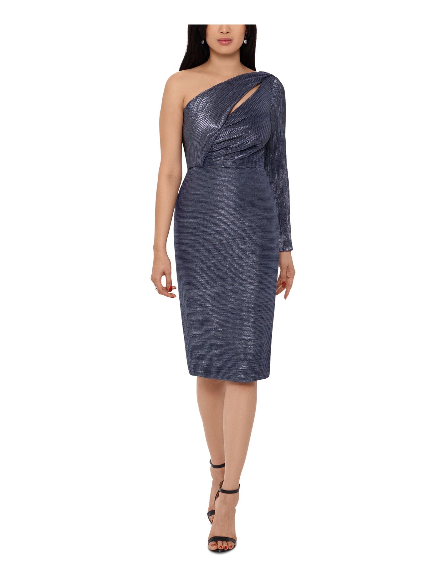 BETSY & ADAM Womens Navy Glitter Cut Out Metallic Long Sleeve Asymmetrical Neckline Below The Knee Evening Sheath Dress 8