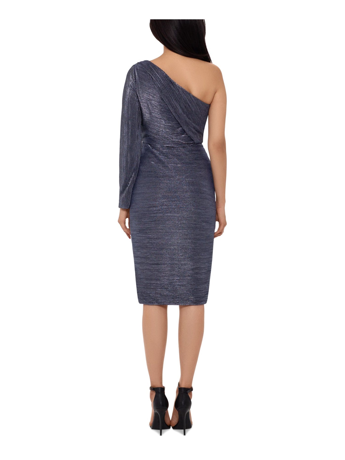 BETSY & ADAM Womens Navy Glitter Ribbed Long Sleeve Asymmetrical Neckline Below The Knee Evening Sheath Dress 2