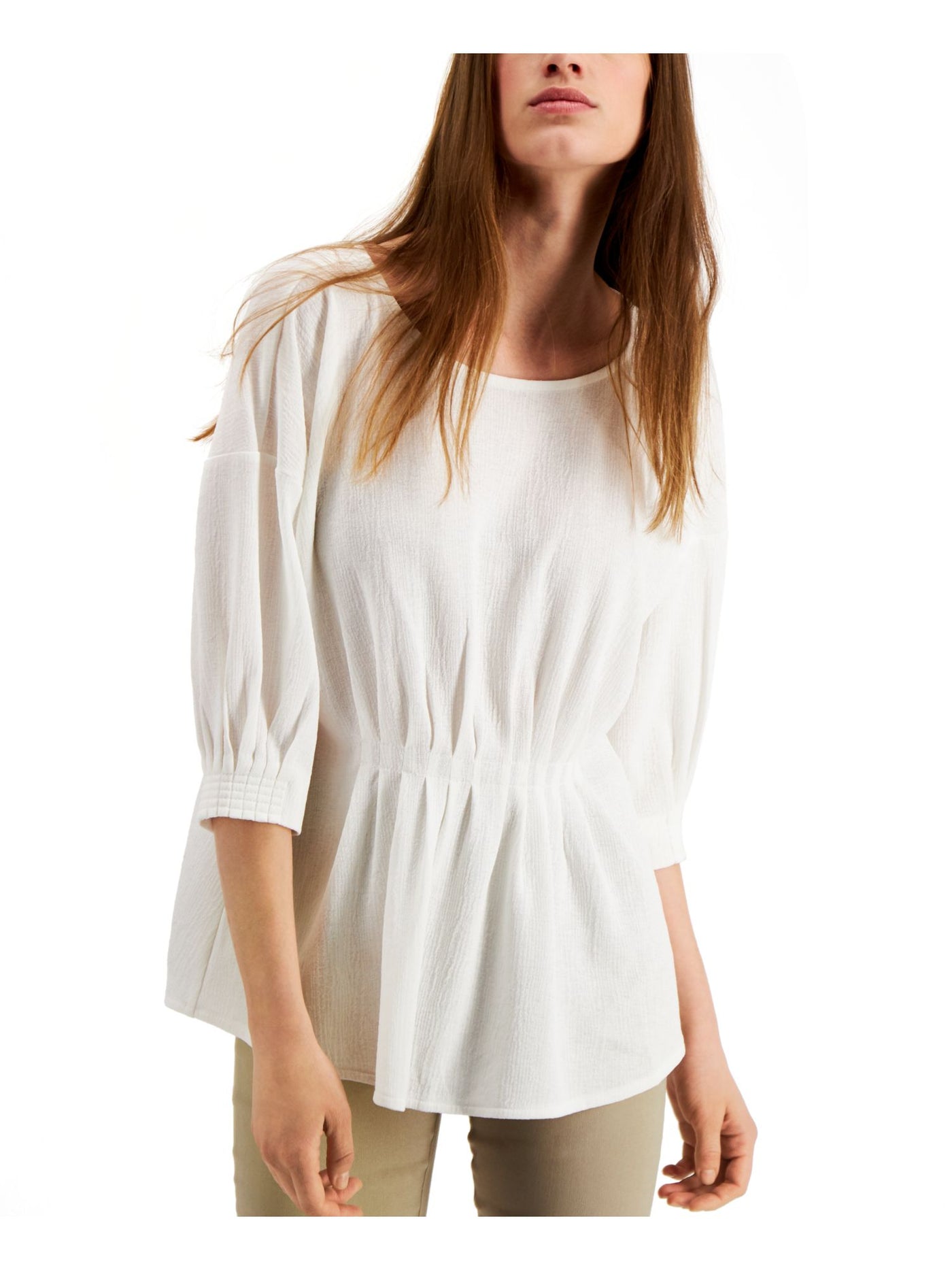 ALFANI Womens White Gathered Cinched Front 3/4 Sleeve Scoop Neck Top L