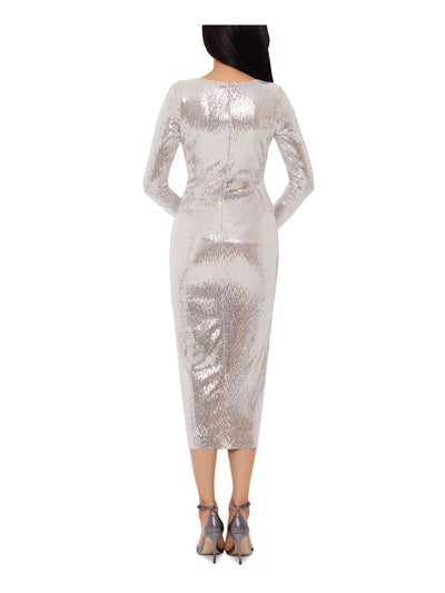 BETSY & ADAM Womens Silver Sequined Long Sleeve V Neck Midi Formal Faux Wrap Dress 2