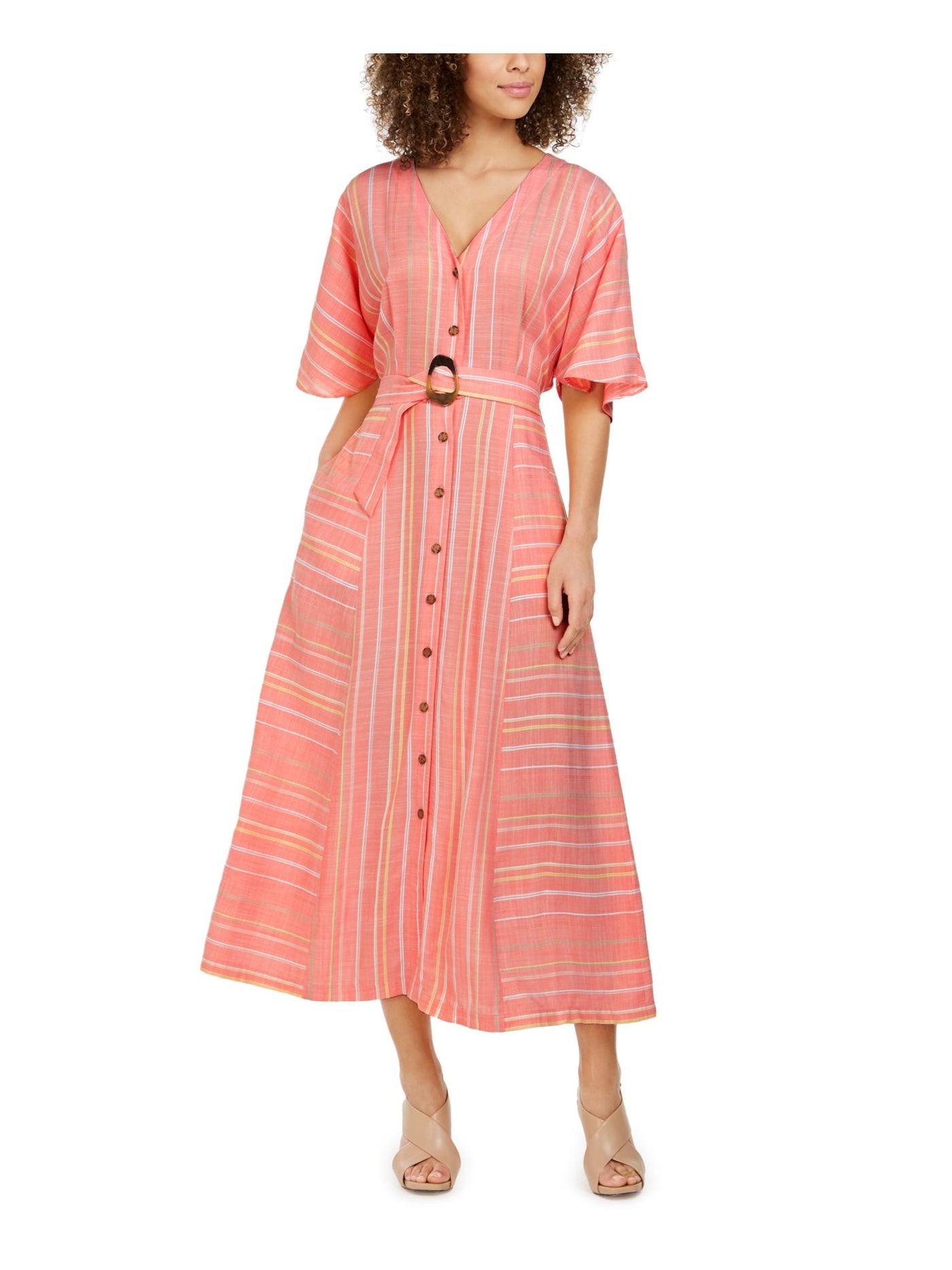CALVIN KLEIN Womens Coral Belted Striped Flutter Sleeve V Neck Maxi Shirt Dress 4