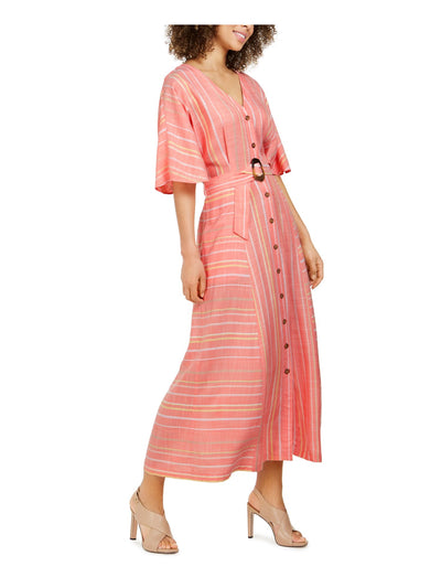 CALVIN KLEIN Womens Coral Belted Striped Flutter Sleeve V Neck Maxi Shirt Dress 4