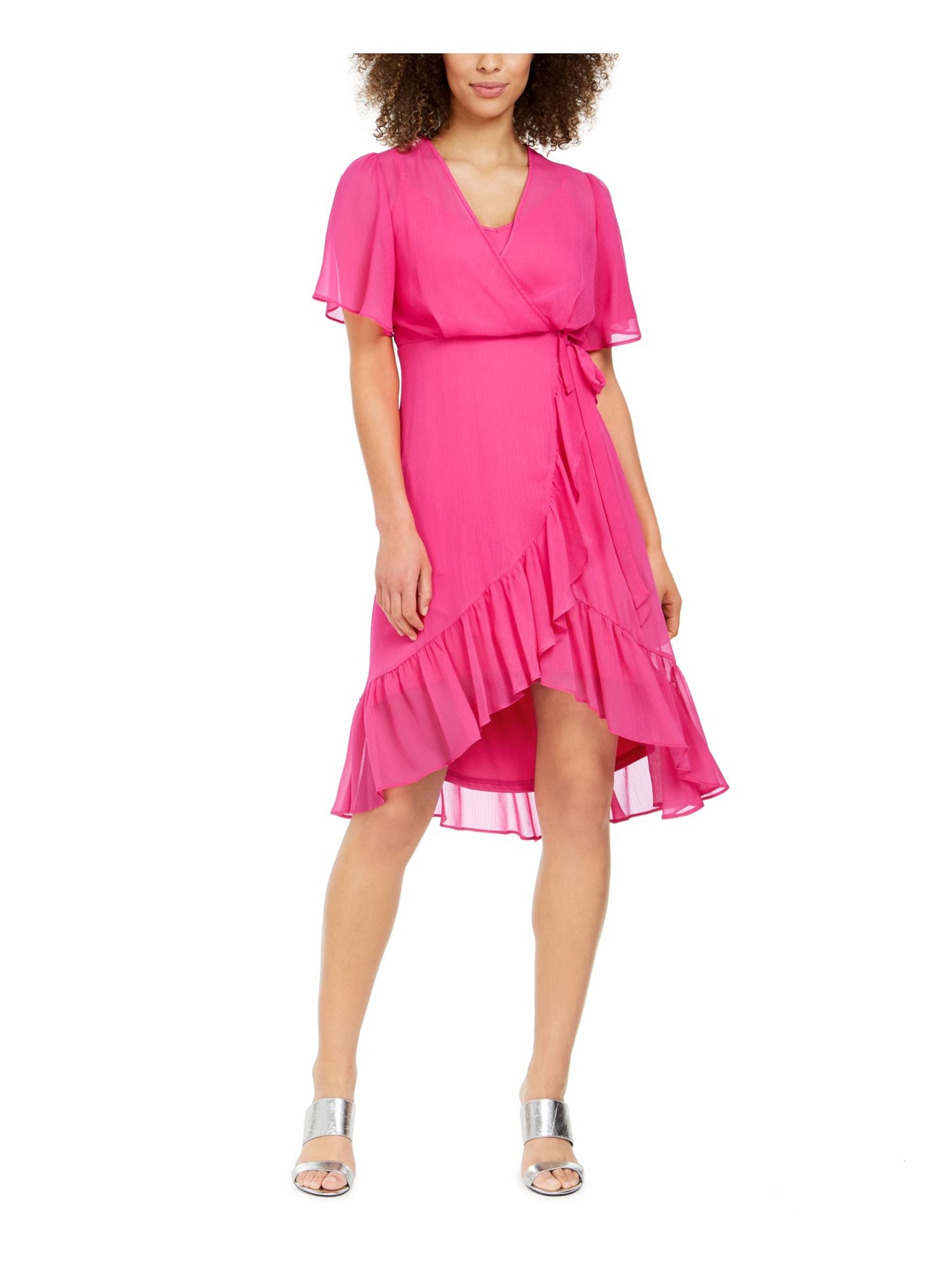 CALVIN KLEIN Womens Pink Zippered Sheer Lined Tie Belt Ruffled Short Sleeve V Neck Knee Length Hi-Lo Dress 12