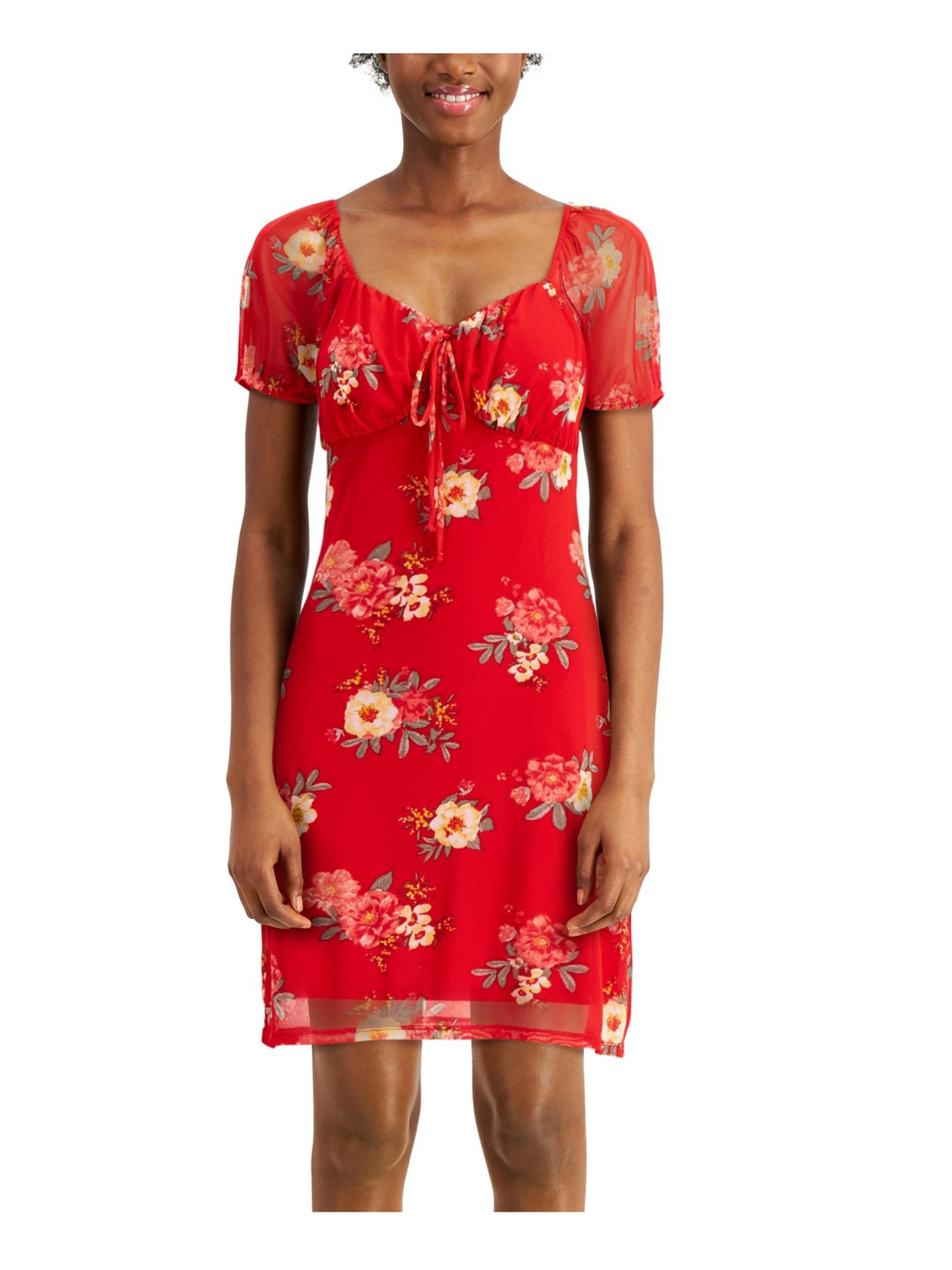 PLANET GOLD Womens Red Tie Front Floral Short Sleeve Above The Knee Fit + Flare Dress XS