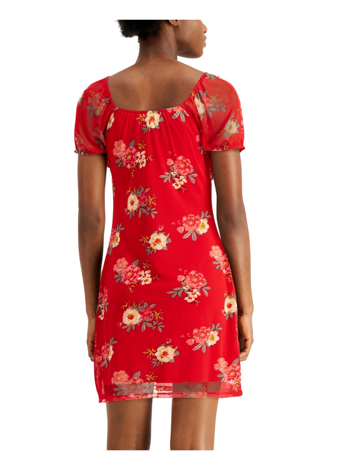PLANET GOLD Womens Red Tie Front Floral Short Sleeve Above The Knee Fit + Flare Dress Juniors XS