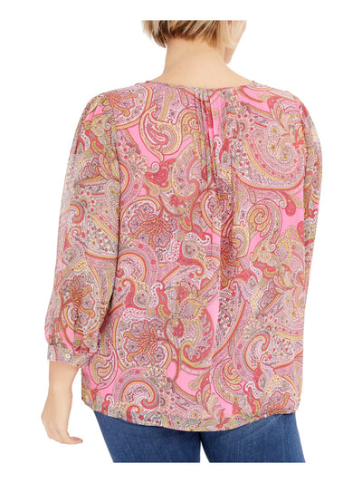TOMMY HILFIGER Womens Pink Paisley Blouson Sleeve Tie Neck Wear To Work Top Plus 0X