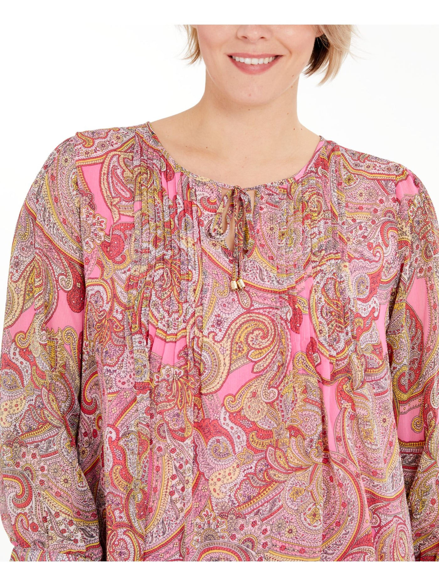 TOMMY HILFIGER Womens Pink Paisley Blouson Sleeve Tie Neck Wear To Work Top Plus 0X