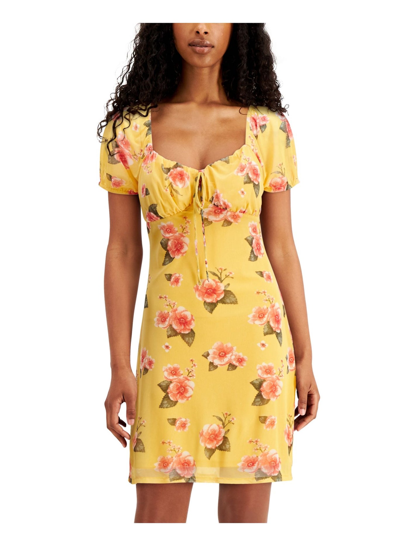 PLANET GOLD Womens Yellow Stretch Ruched Sheer Lined Pullover Style Tie Detail Floral Short Sleeve Sweetheart Neckline Above The Knee Sheath Dress Juniors XL