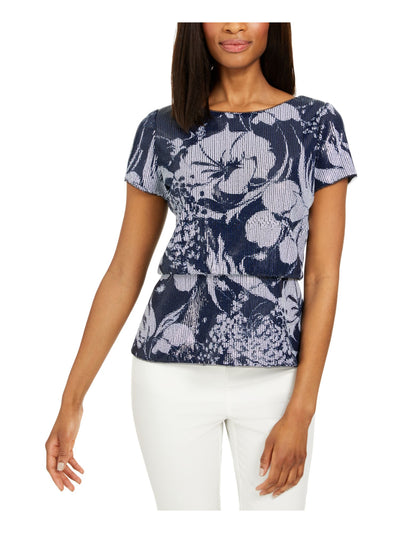 ADRIANNA PAPELL Womens Navy Floral Short Sleeve Peplum Top 6