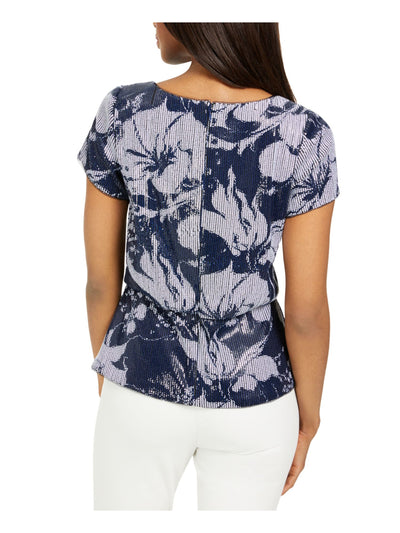 ADRIANNA PAPELL Womens Navy Floral Short Sleeve Peplum Top 2