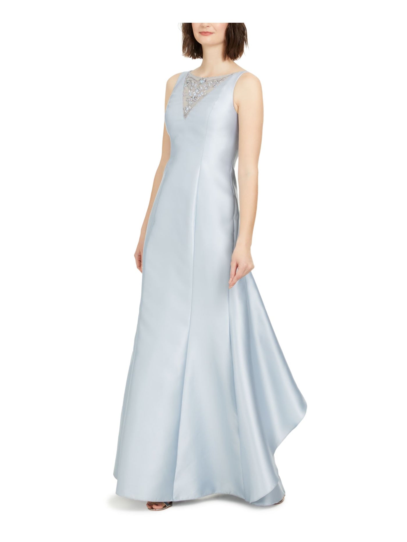 ADRIANNA PAPELL Womens Light Blue Embellished Ruffled Satin Sleeveless Illusion Neckline Full-Length Formal A-Line Dress 6