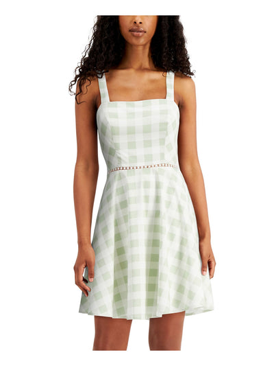 CITY STUDIO Womens Green Zippered Bow Detail At Back Plaid Sleeveless Square Neck Short Fit + Flare Dress Juniors 11
