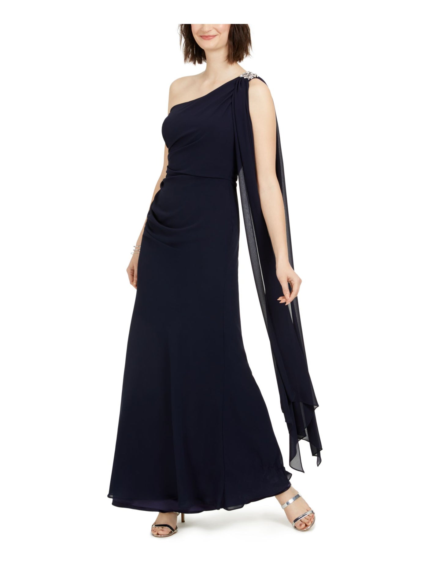 VINCE CAMUTO Womens Stretch Embellished Zippered One-shoulder Chiffon Gown Sleeveless Asymmetrical Neckline Maxi Formal Dress