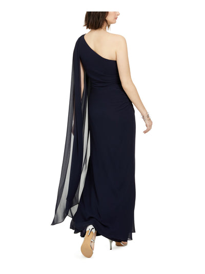 VINCE CAMUTO Womens Navy Stretch Embellished Zippered One-shoulder Chiffon Gown Sleeveless Asymmetrical Neckline Maxi Formal Dress Petites 8P