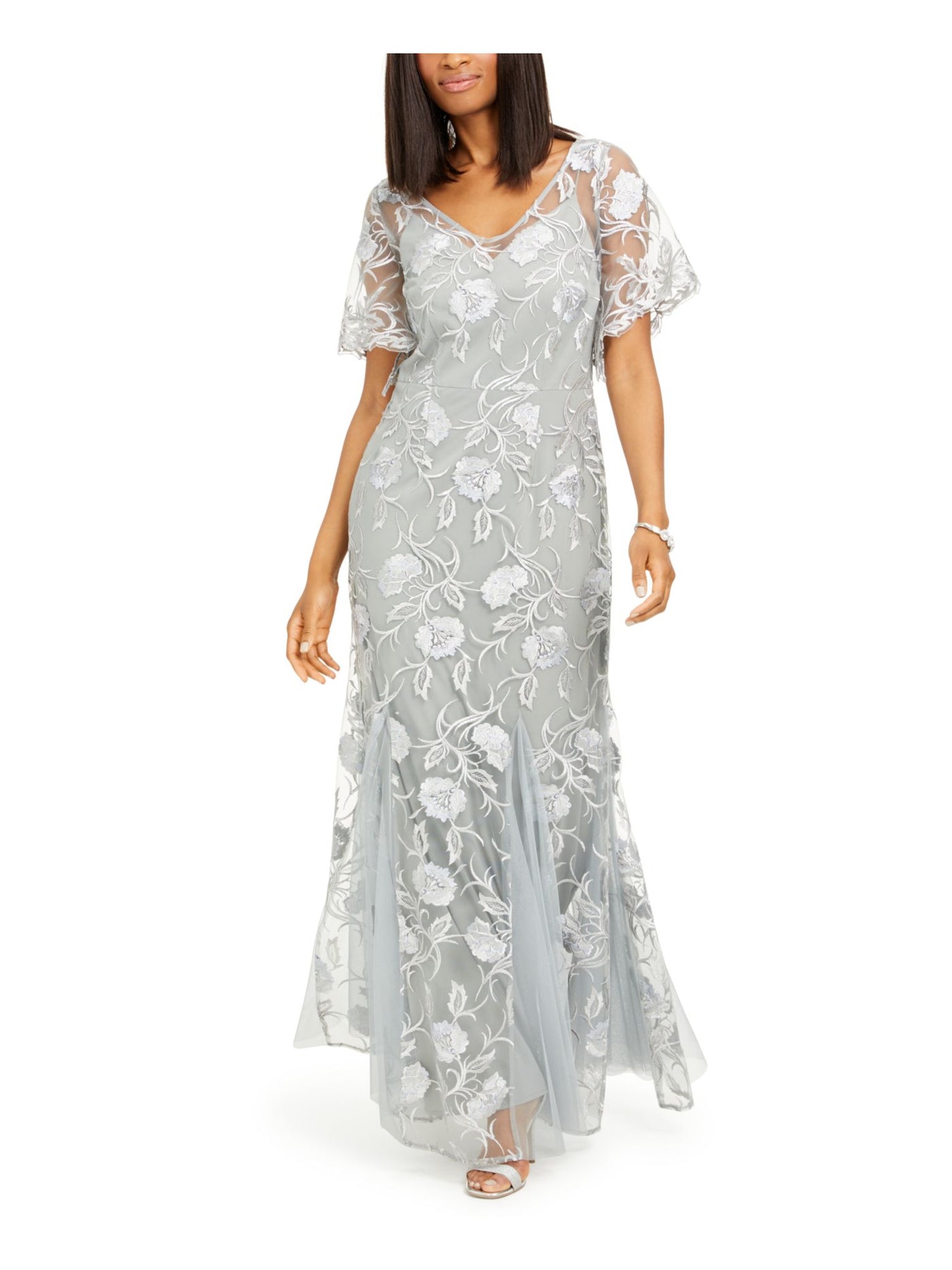 ALEX EVENINGS Womens Embroidered Zippered Flutter Sleeve V Neck Full-Length Evening Gown Dress