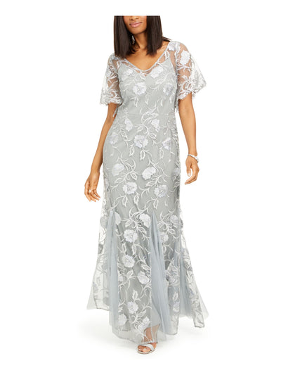 ALEX EVENINGS PETITE Womens Silver Embroidered Zippered Floral Flutter Sleeve V Neck Full-Length Evening Gown Dress Petites 4P