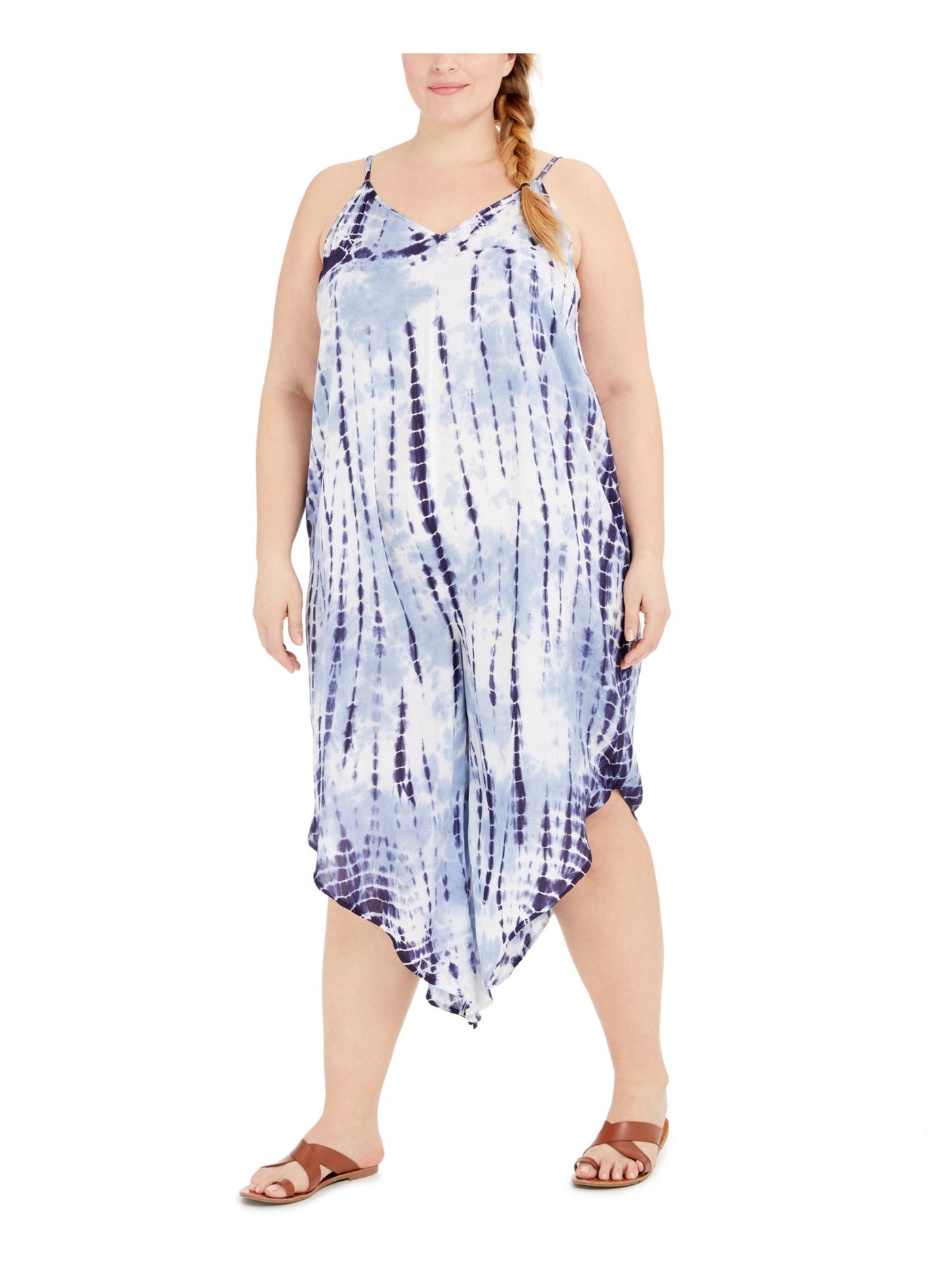 RAVIYA Women's Blue Tie Dye Jumpsuit Asymmetric Hem Adjustable Swimsuit Cover Up 0X