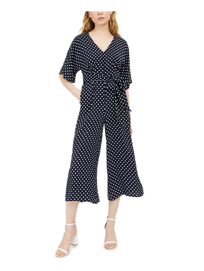 INC DRESS Womens Navy Stretch Belted Zippered Back Keyhole Polka Dot Short Sleeve V Neck Wear To Work Flare Jumpsuit 12