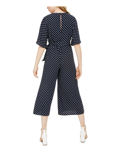 INC DRESS Womens Navy Stretch Belted Zippered Back Keyhole Polka Dot Short Sleeve V Neck Wear To Work Flare Jumpsuit 12