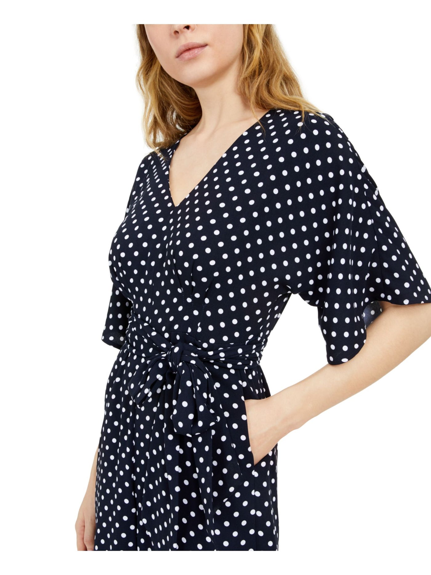 INC DRESS Womens Navy Stretch Belted Zippered Back Keyhole Polka Dot Short Sleeve V Neck Wear To Work Flare Jumpsuit 12