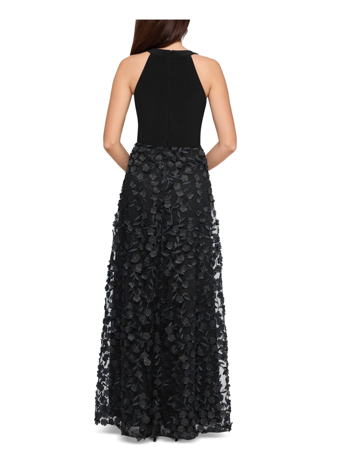 XSCAPE Womens Black Stretch Embellished Zippered Sleeveless Surplice Neckline Full-Length Formal Fit + Flare Dress 2