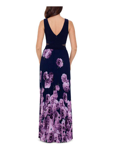 XSCAPE Womens Navy Stretch Zippered Pleated Mesh-illusion-waist Floral Sleeveless V Neck Full-Length Formal Gown Dress 2