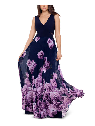 XSCAPE Womens Navy Stretch Zippered Pleated Mesh-illusion-waist Floral Sleeveless V Neck Full-Length Formal Gown Dress 2