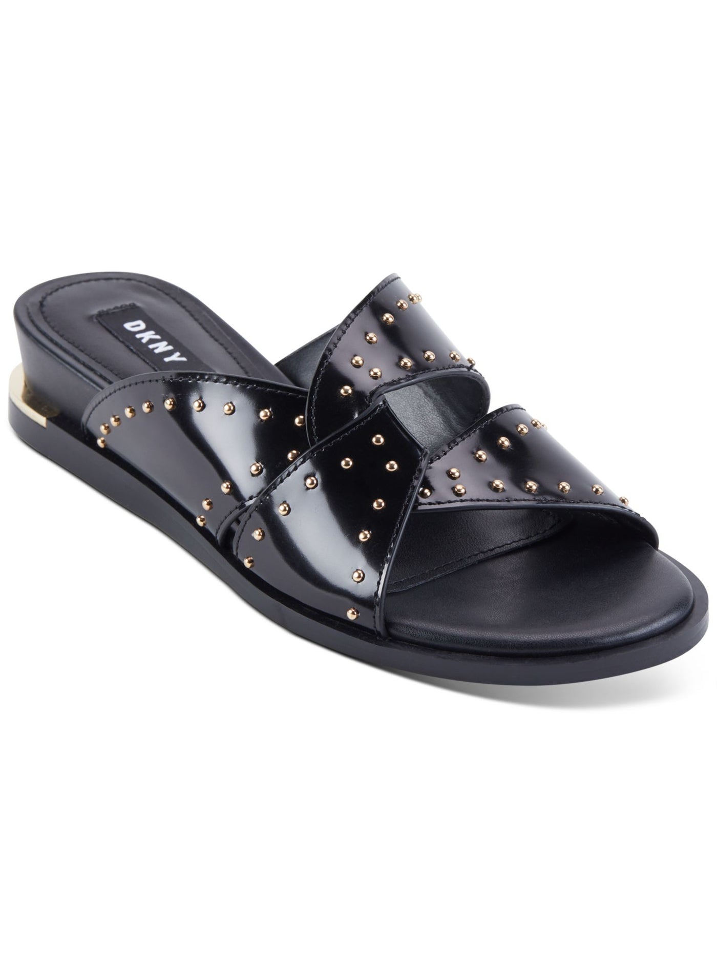 DKNY Womens Black Metal Heel Accent Studded Padded Della Round Toe Wedge Slip On Leather Slide Sandals Shoes 6 M