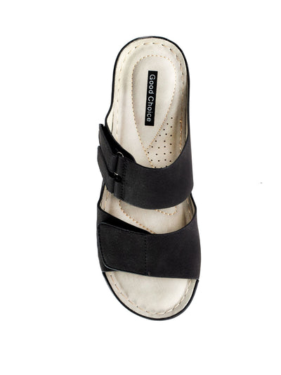 GOOD CHOICE Womens Black 1" Platform Comfort Adjustable Strap Doreen Round Toe Wedge Sandals 7.5