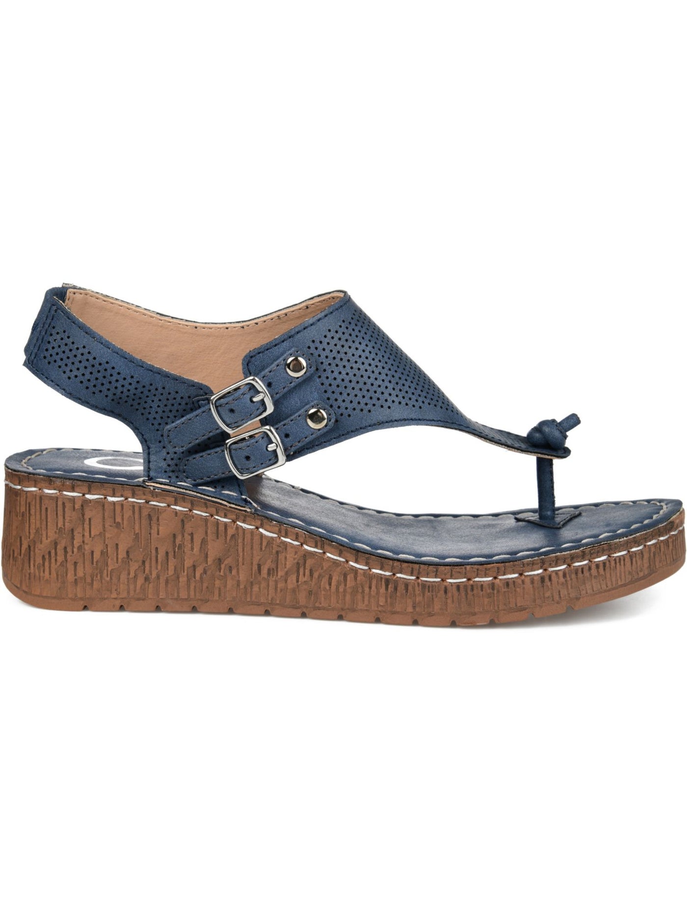 JOURNEE COLLECTION Womens Blue 1/2" Platform Perforated Knot Detail Studded Cushioned Stretch Mckell Round Toe Wedge Buckle Slingback Sandal 11 M