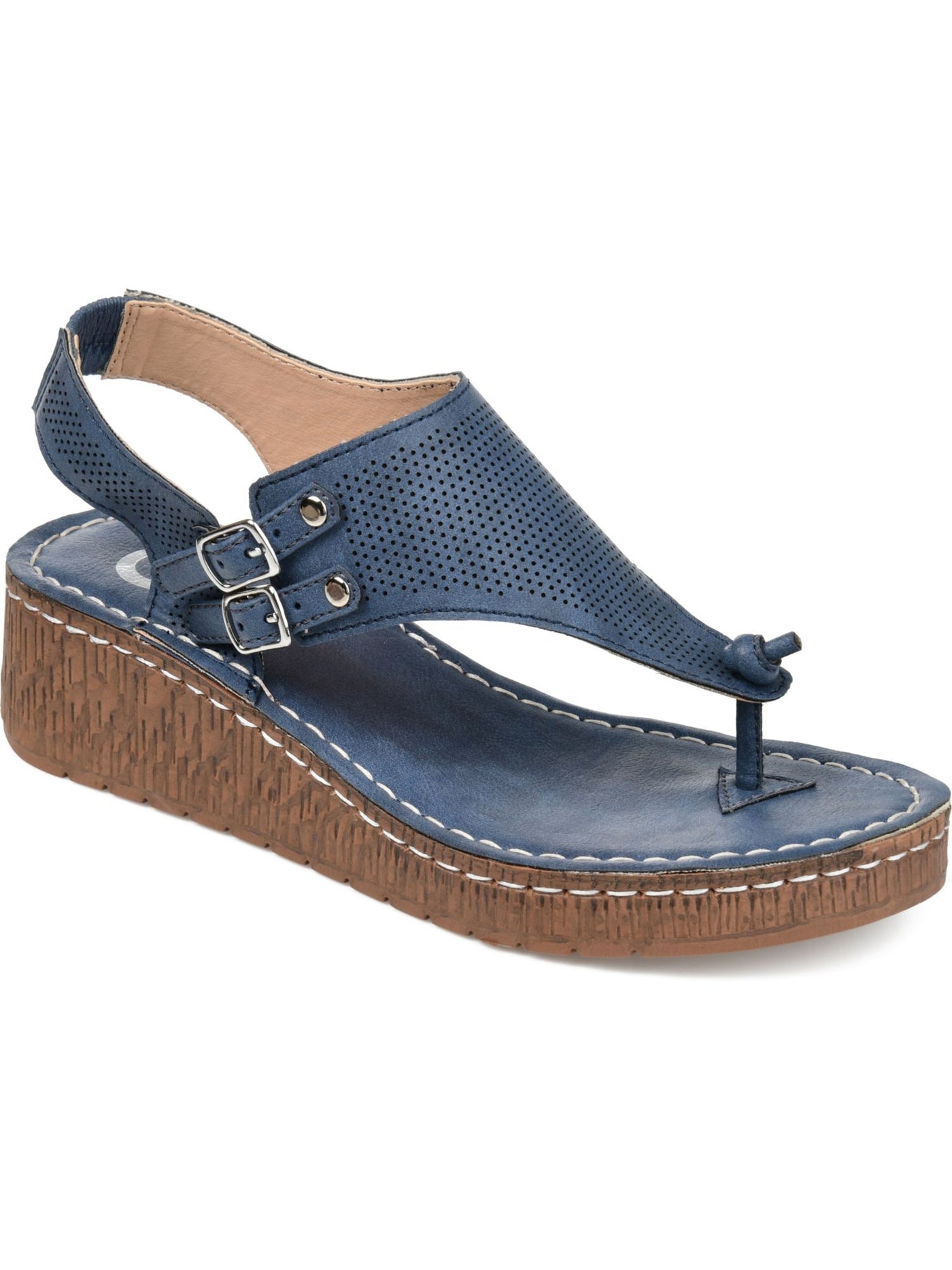 JOURNEE COLLECTION Womens Blue 1/2" Platform Perforated Knot Detail Studded Cushioned Stretch Mckell Round Toe Wedge Buckle Slingback Sandal 11 M