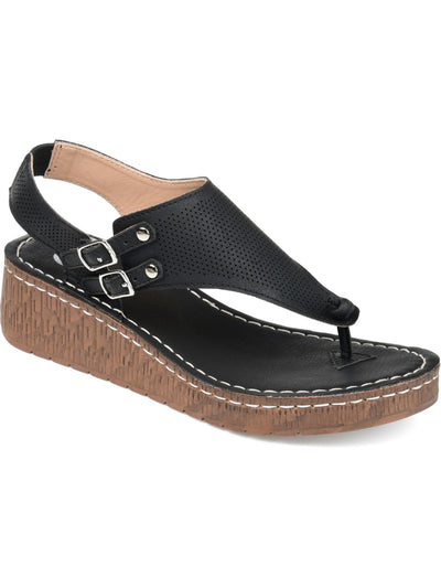 JOURNEE COLLECTION Womens Black 1/2" Platform Knot Detail Cushioned Perforated Mckell Round Toe Wedge Buckle Thong Sandals Shoes 7