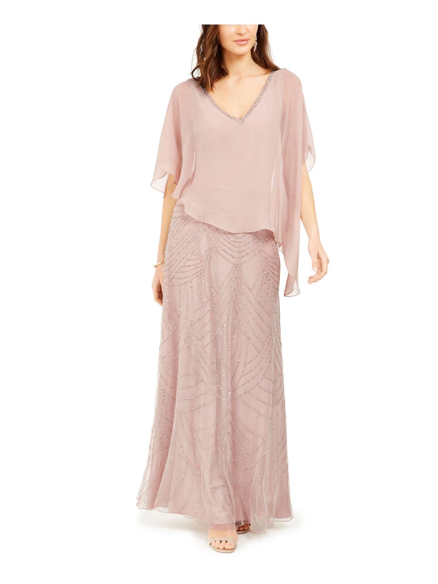 JKARA Womens Pink Beaded Sheer Lined Capelet Sleeveless V Neck Full-Length Formal Gown Dress 6