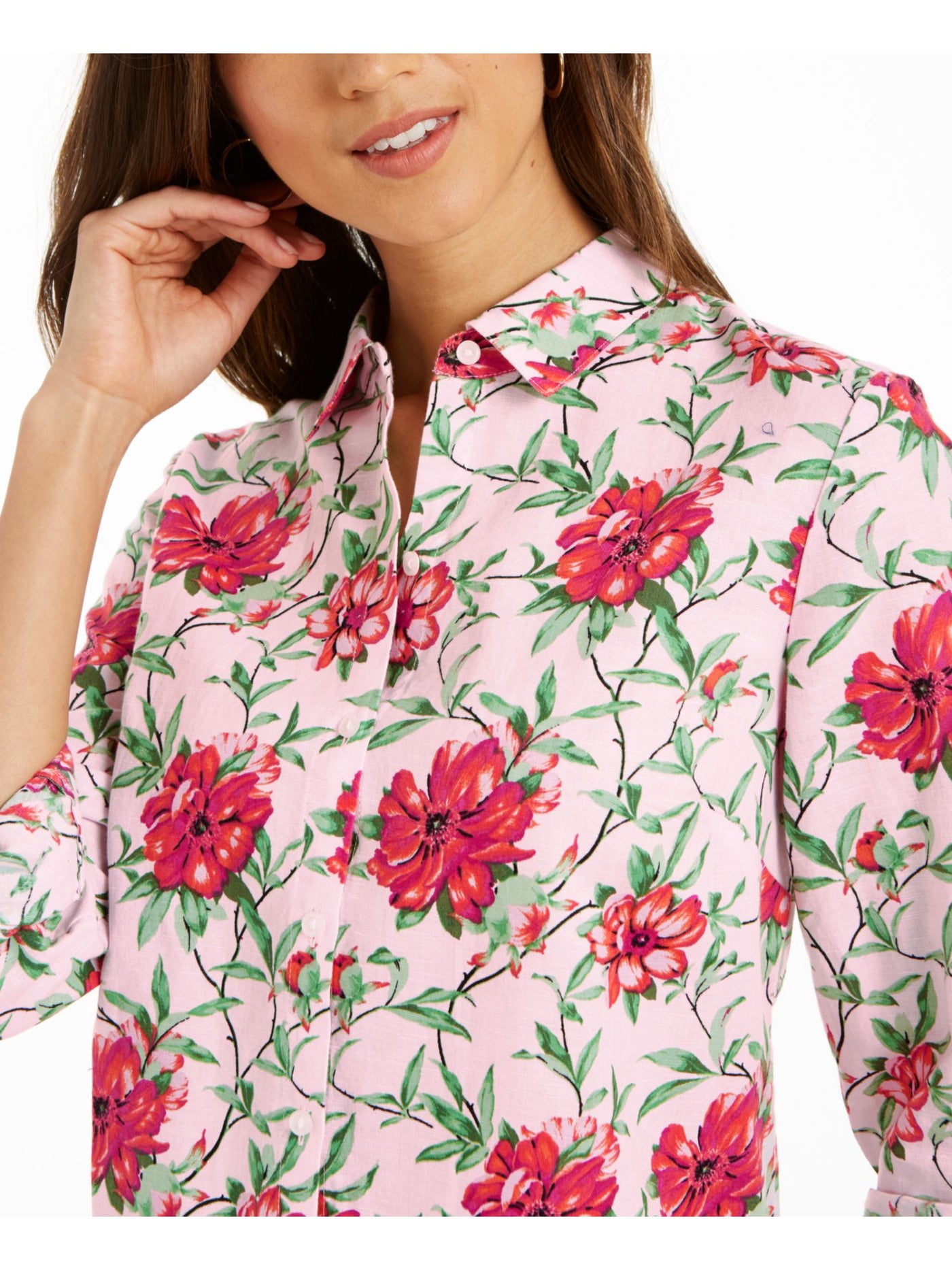 CHARTER CLUB Womens Pink Floral Roll-tab Collared Button Up Top M