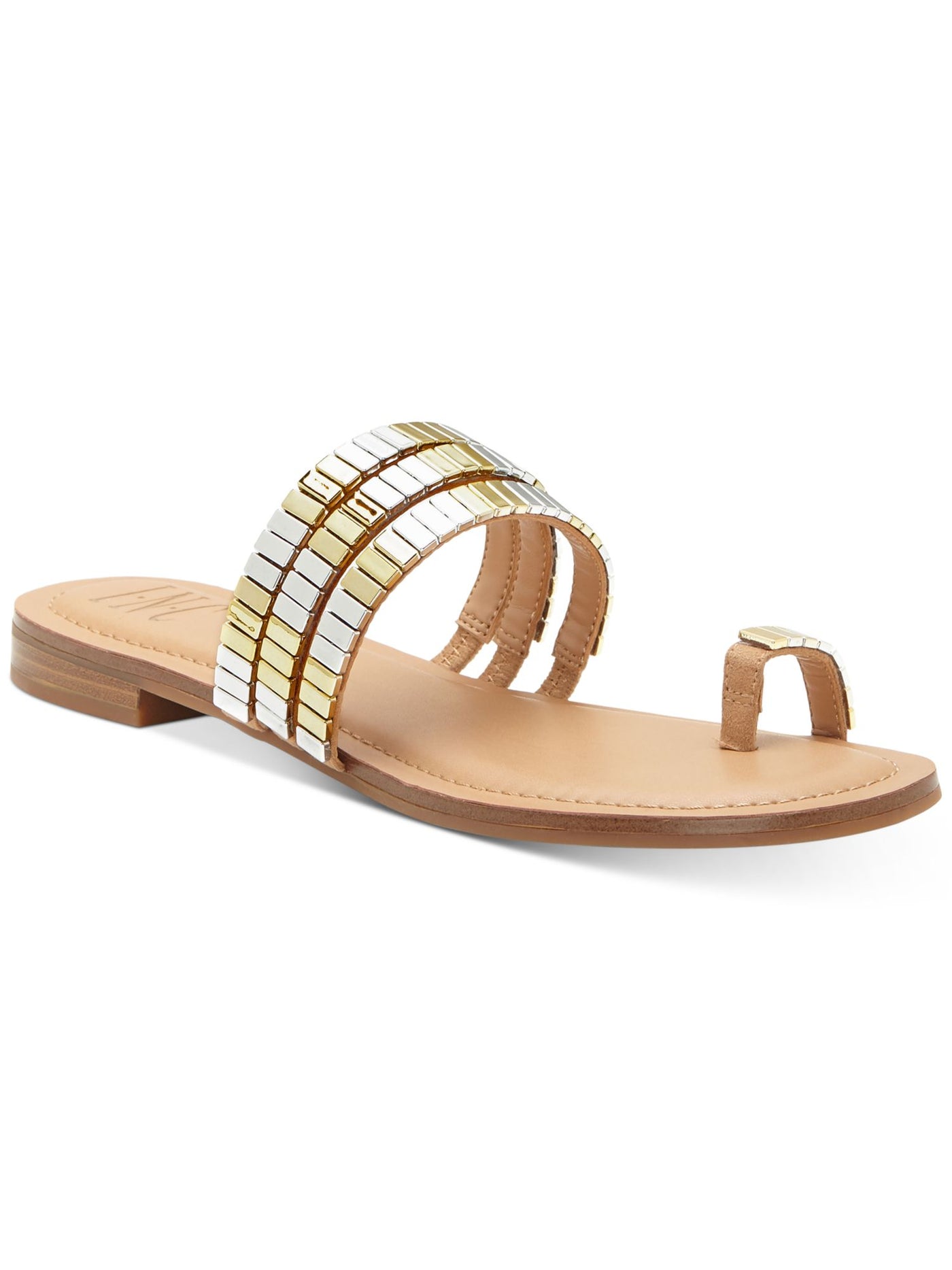 INC Womens Brown Strappy Toe-Loop Embellished Padded Jaylee Round Toe Block Heel Slip On Slide Sandals Shoes 7 M
