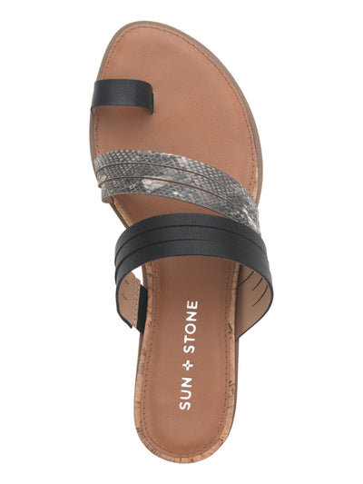 SUN STONE Womens Black Snakeskin 1/2 Heel Toe-Ring Slip Resistant Padded Kye Round Toe Wedge Slip On Slide Sandals Shoes 9.5 M