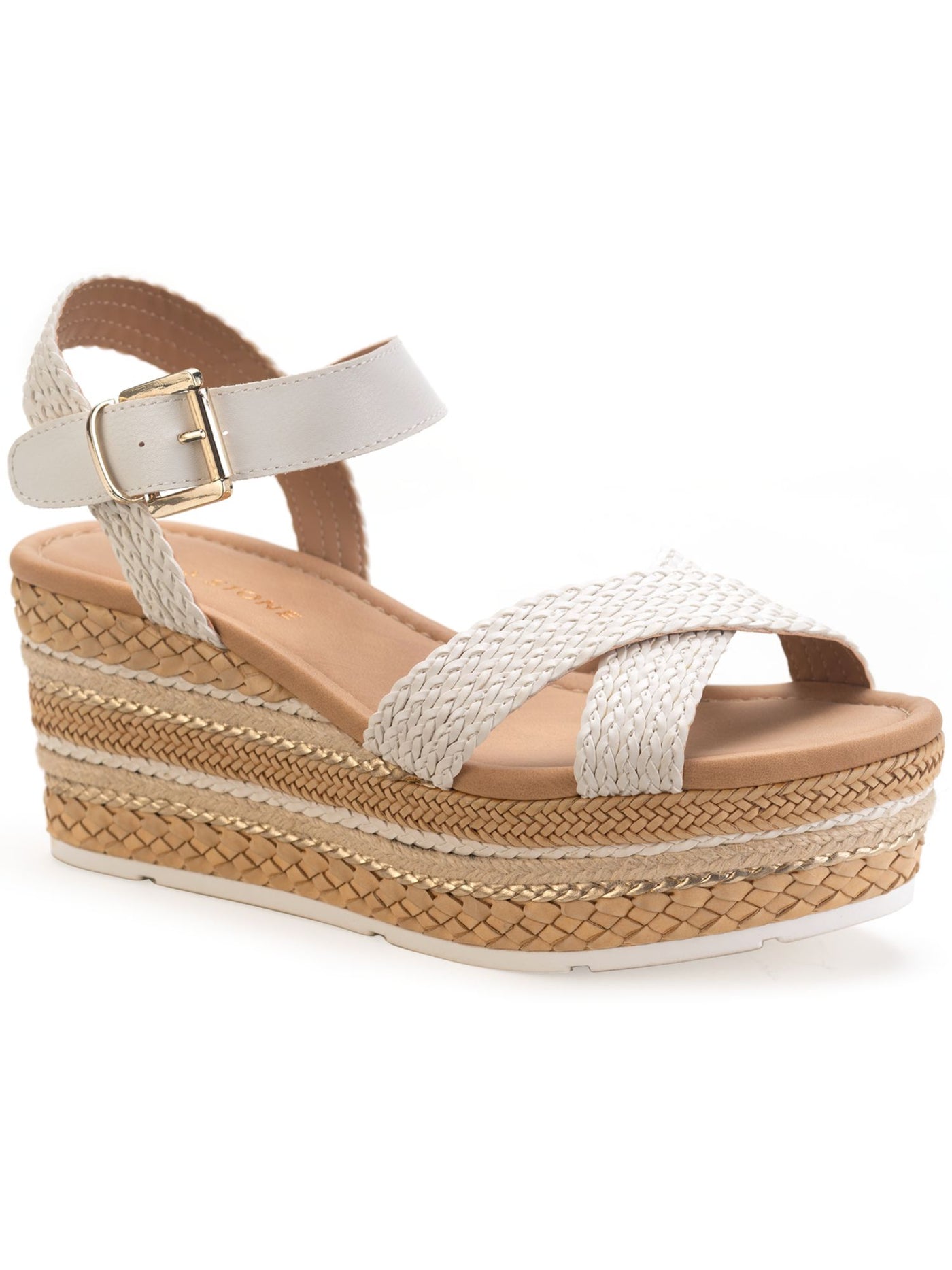 SUN STONE Womens White 1-1/2" Platform Woven Braided Cushioned Slip Resistant Callie Round Toe Wedge Buckle Slingback Sandal 9.5 M